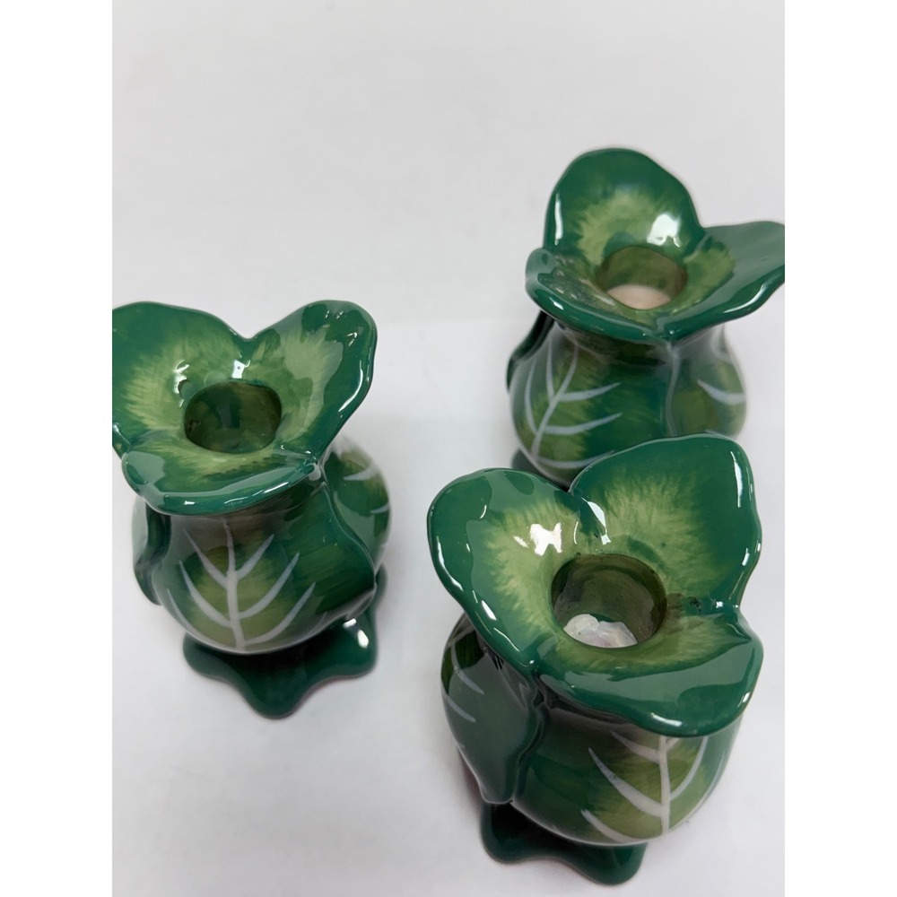 Green Cabbage Leaf Ceramic Taper Candle Holder Set of 3‎ - Picture 2 of 13